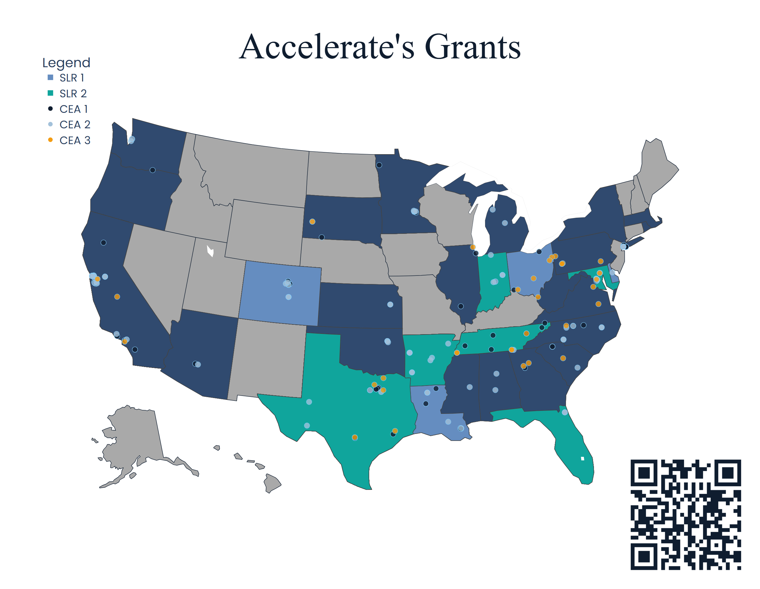 Map of anticipated Accelerate grant locations for 2024–