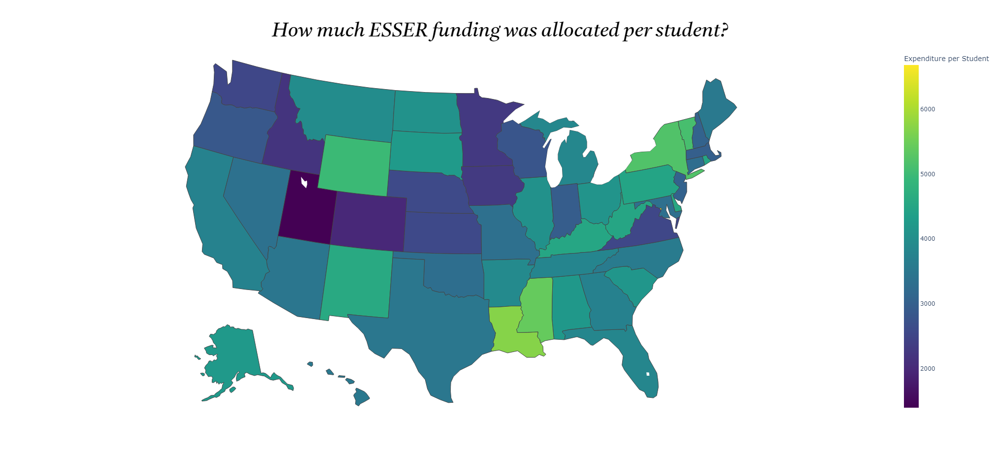Map of ESSER funding allocated per public-school student by state